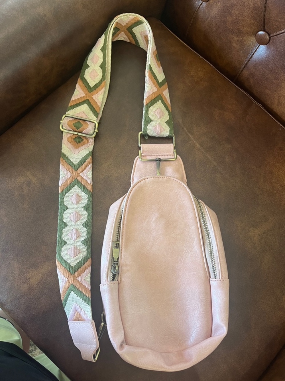 Vegan Blush Pink Crossbody Sling Bag with Patterned Strap